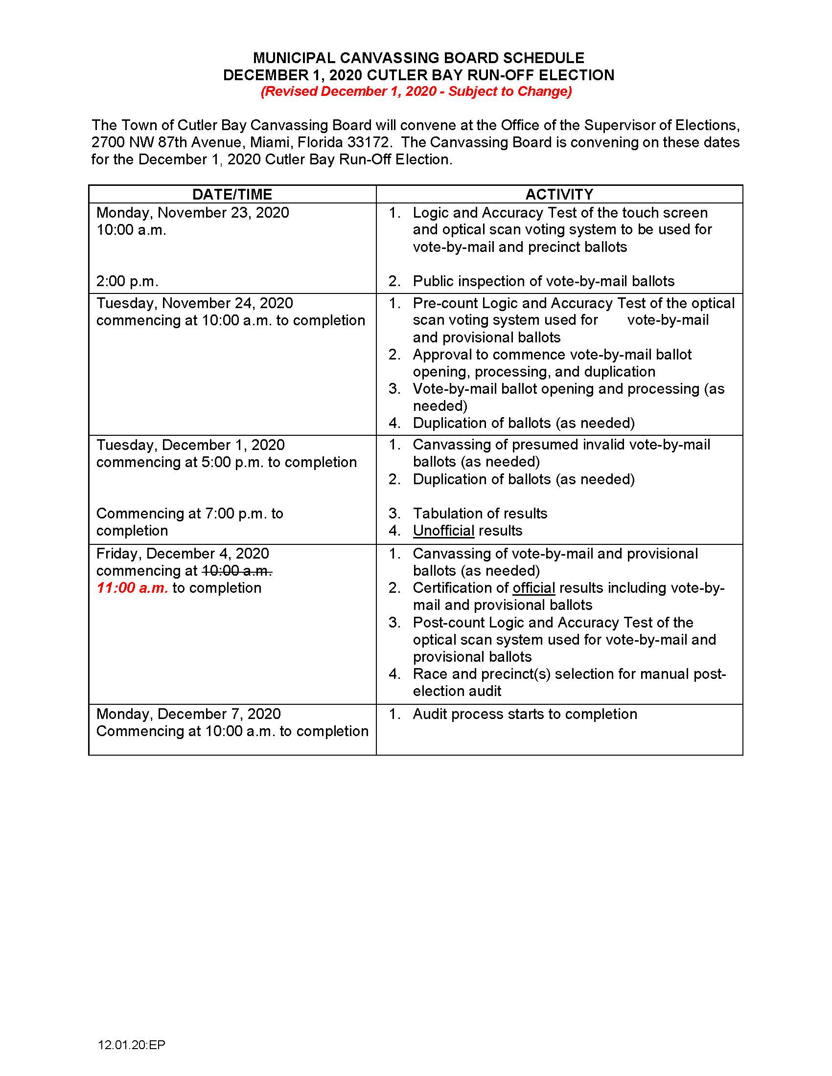 REVISED December 1 2020 Run Off Election Canvassing Board Schedule
